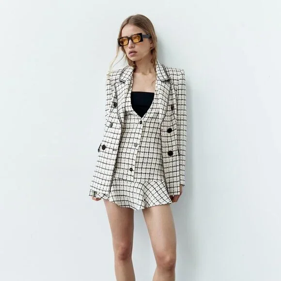 ZARA CHECKED DOUBLE-BACK BLAZER SIZE XS 2372 519 070 - Picture 1 of 7